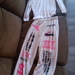 Pink girly sweatpants and matching small white long sleeve